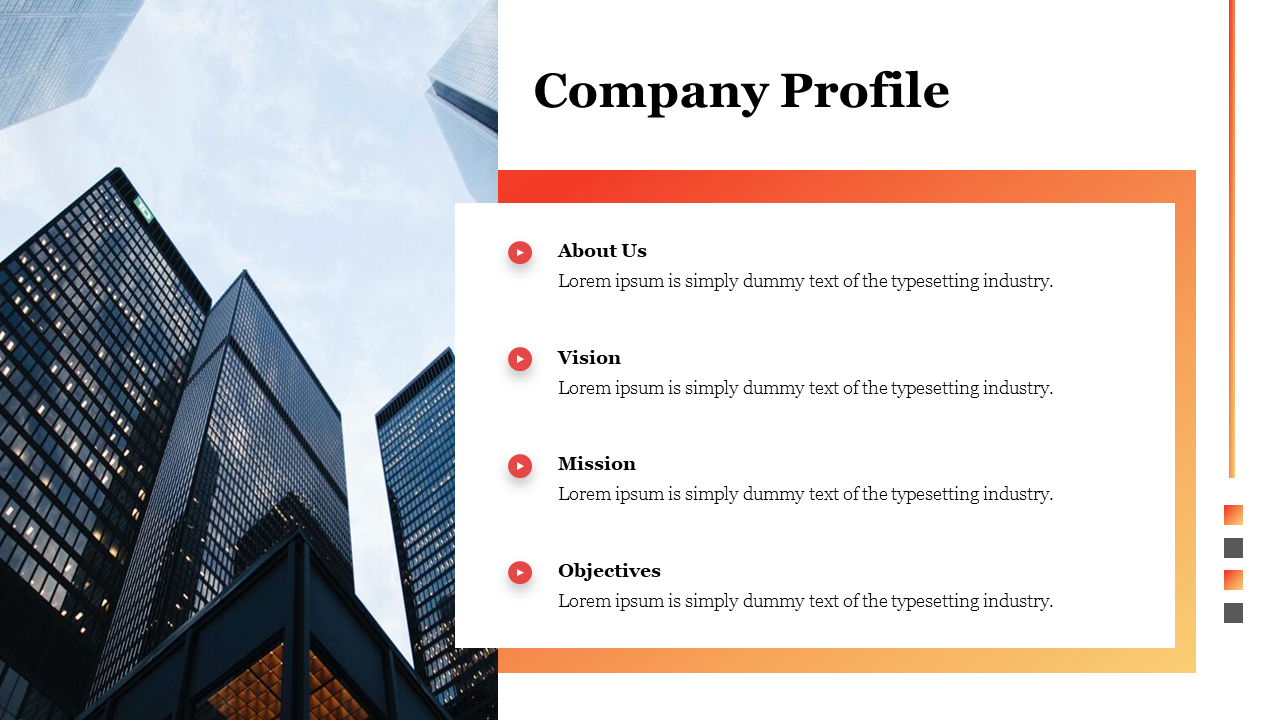 Company profile slide featuring a city skyline background and sections for about us, vision, mission, and objectives.