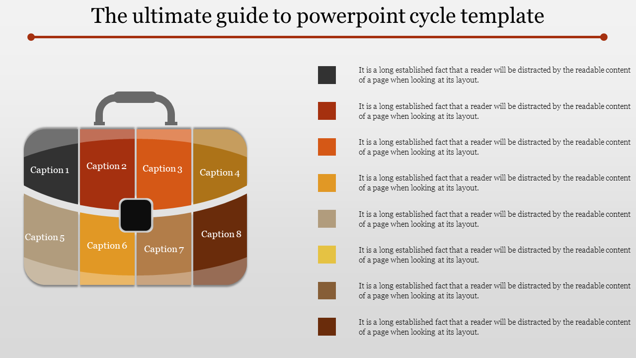 Cycle template with a suitcase shape split into eight labeled sections in dark to light gradient colors.