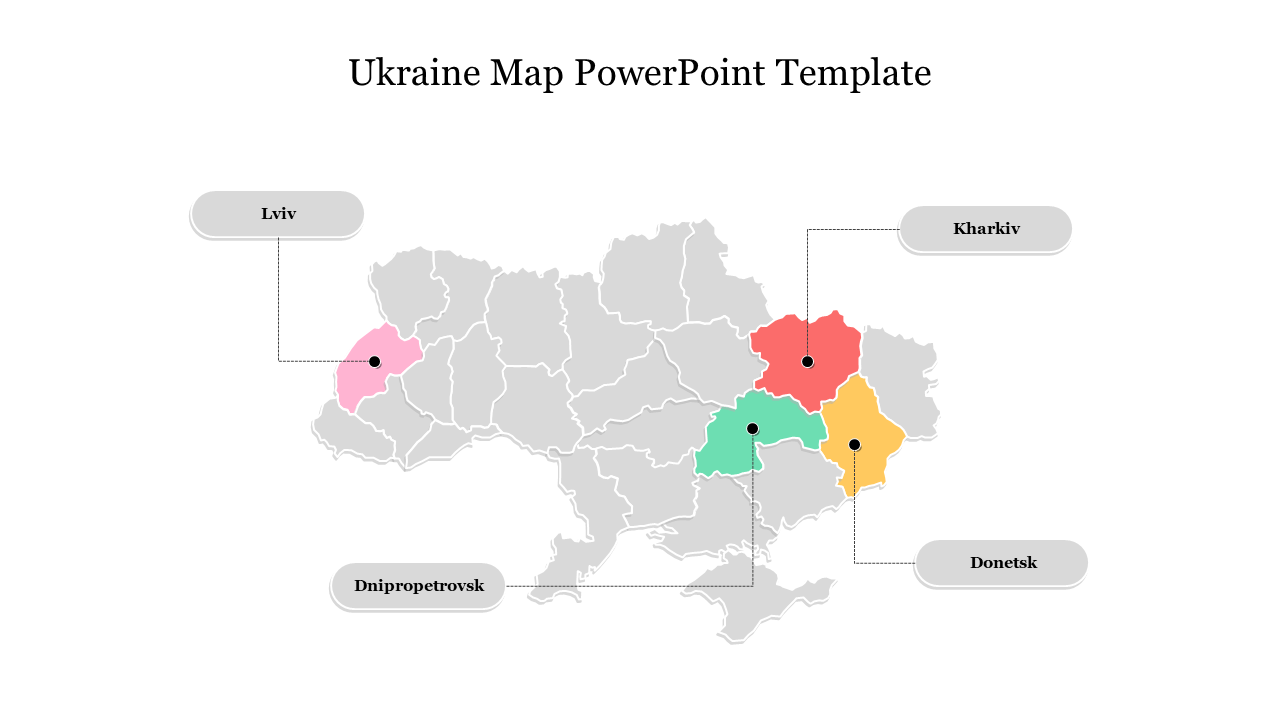 Ukraine map template with five highlighted regions in various colors, including labeled cities such as Lviv and Donetsk.