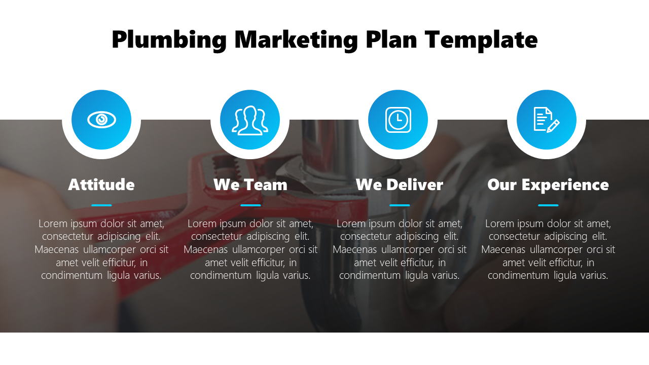 Plumbing marketing plan slide featuring icons for attitude, team, delivery, and experience with placeholder text.