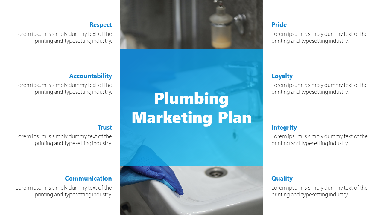 Plumbing themed slide with a blue overlay and text in the center, surrounded by eight values aligned on both sides.