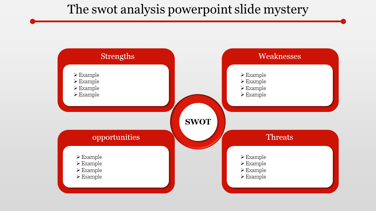 SWOT template featuring four bold red frames and a central circular element linking all sections.