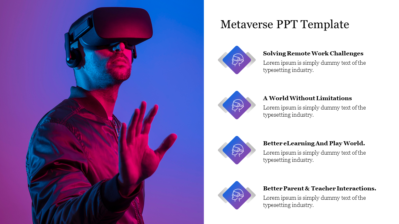 Man wearing a VR headset in a blue and pink light setting, with four icons and text listed on the right.