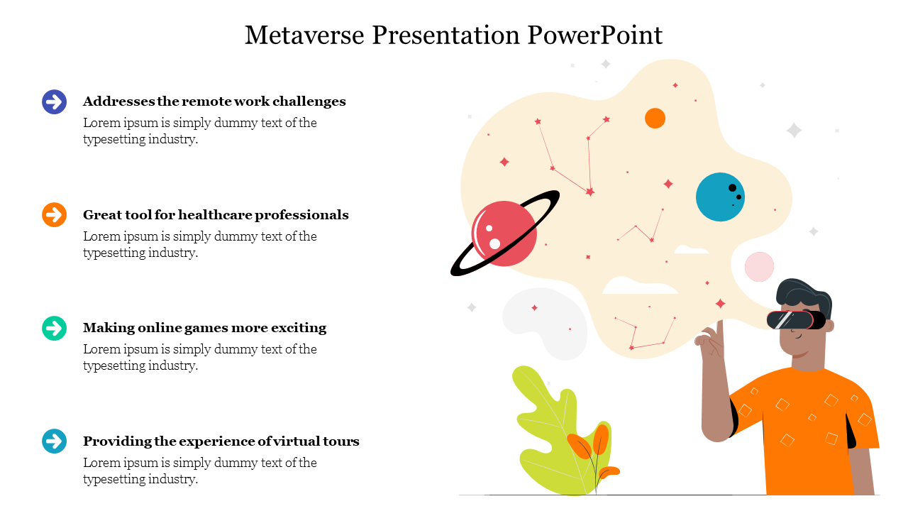 Metaverse benefits with VR imagery showing planets and abstract shapes, listing features like remote work and gaming.