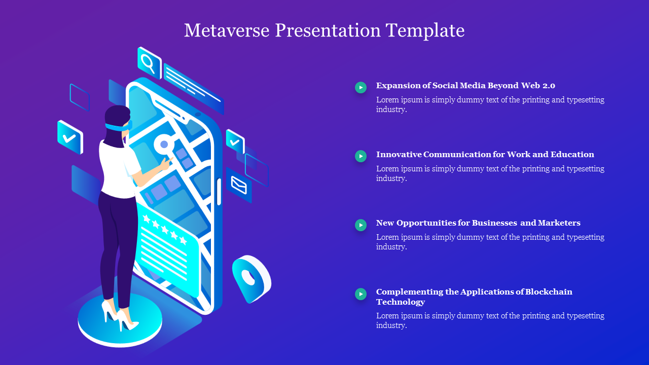 Isometric illustration of a person using a large mobile interface, with a list of metaverse topics on the right side.