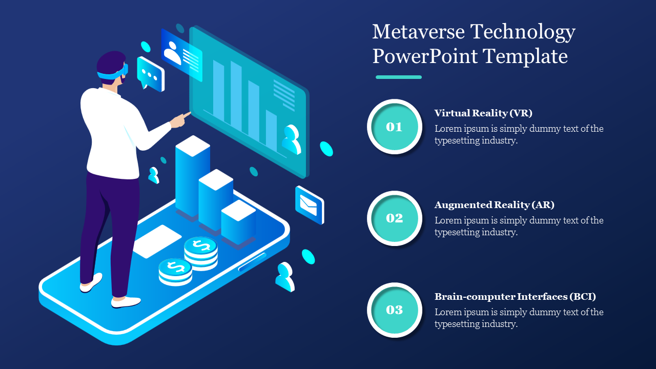 VR headset engaging with virtual data. Three sections on the right detail VR, AR, and BCI features in the metaverse.