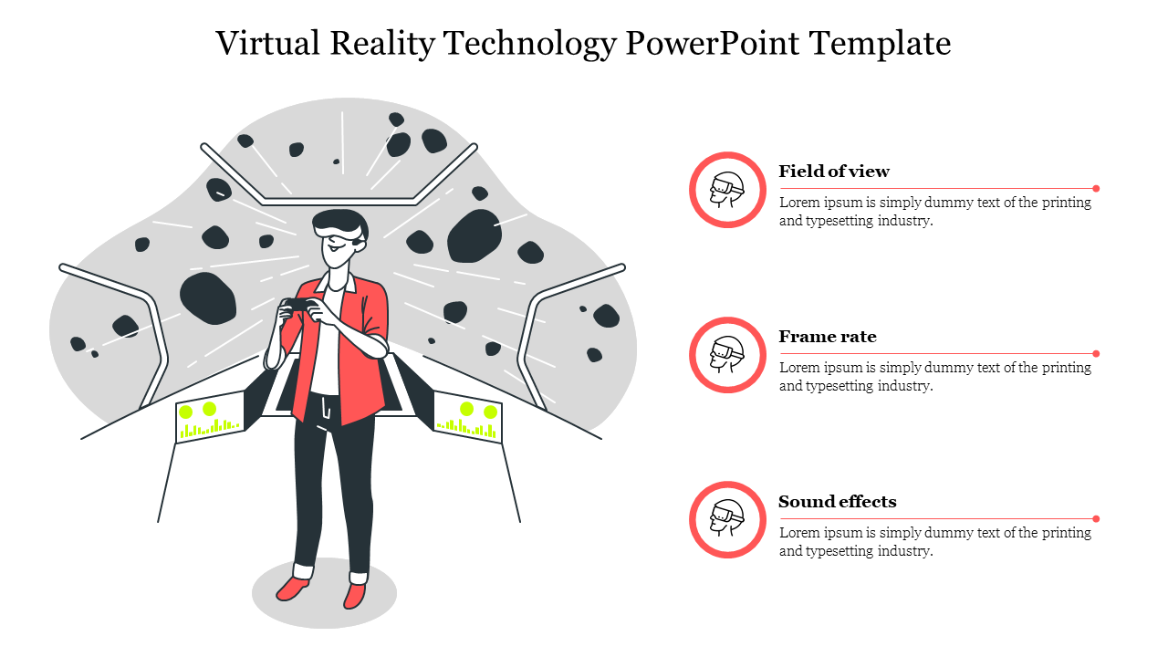 Illustration of a person wearing a VR headset in front of a technology filled gray background, and three red captions areas.