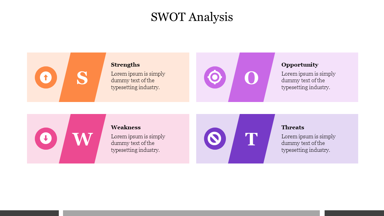 SWOT diagram with sections in orange, pink, purple, and violet, each labeled with an icon and text.