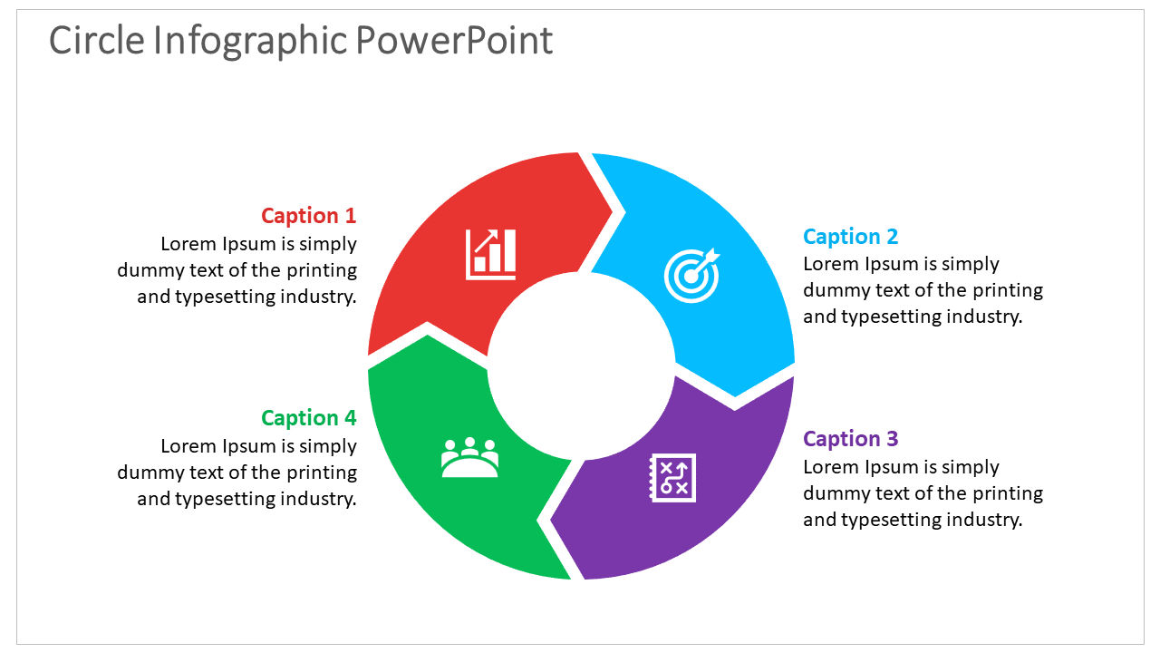 Circle diagram with red, blue, purple, and green sections, each featuring icons and descriptive captions.