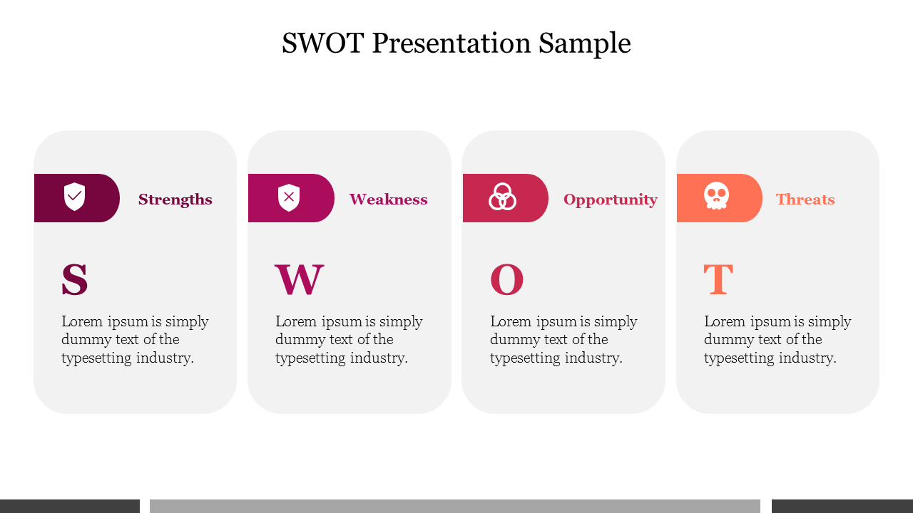 SWOT analysis PPT slide showing sections for Strengths, Weaknesses, Opportunities, and Threats, each with a colorful icon.