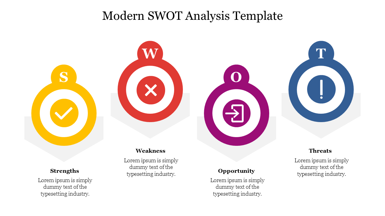 Modern SWOT analysis template with icons for strengths, weaknesses, opportunities, and threats placed in a white background.