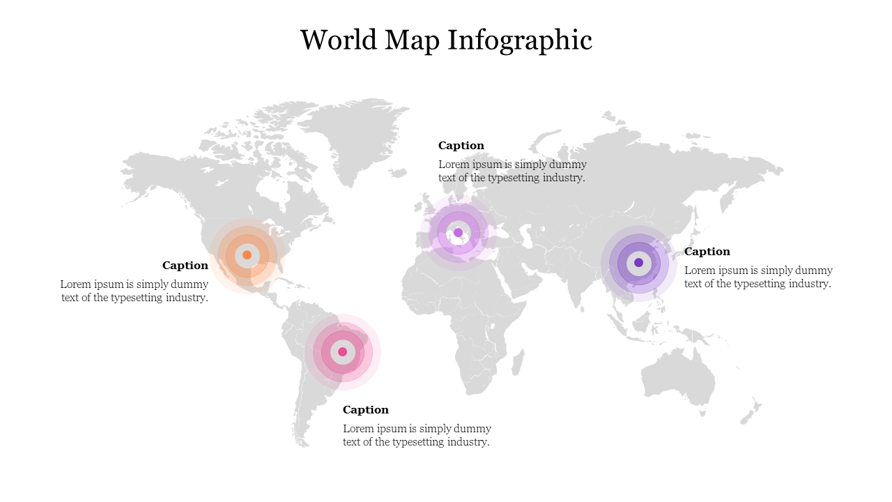 Gray world map with circular infographics in orange, pink, purple, and blue highlighting specific global regions.