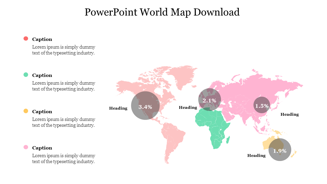 Color-coded world map highlighting regions with labeled data percentages in circular overlays.