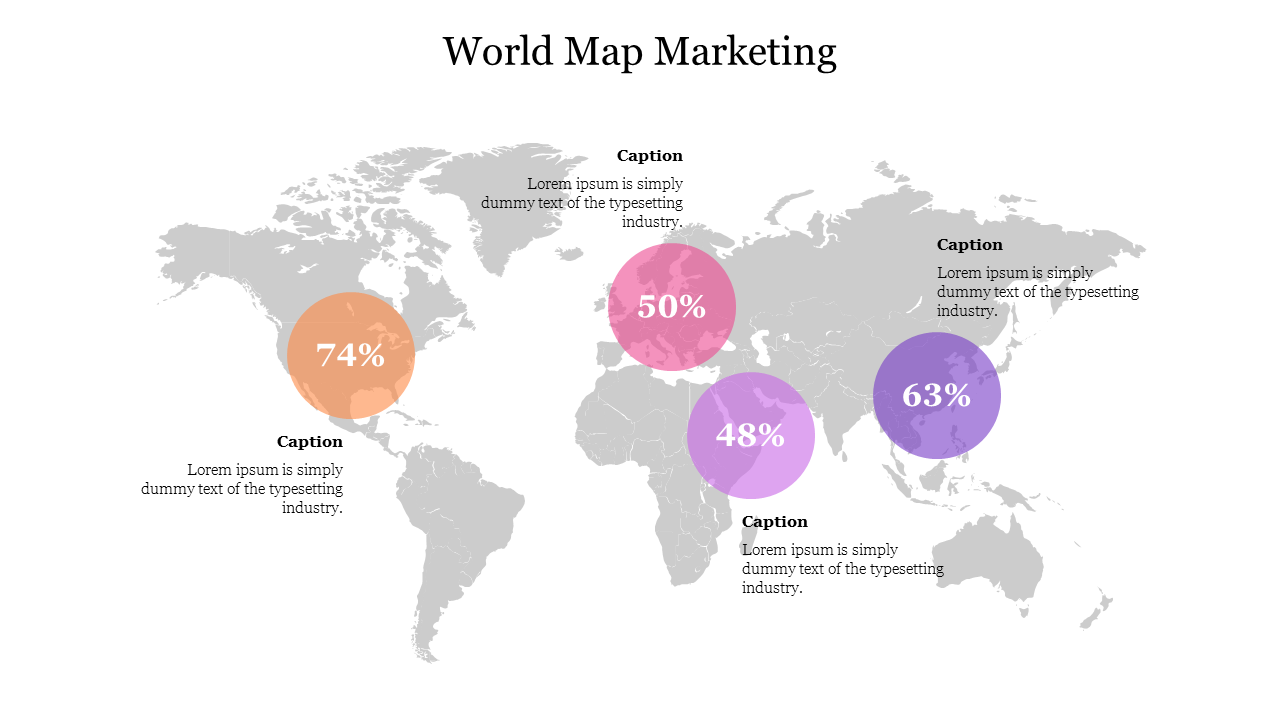 World map highlighting four regions with percentage circles, with placeholders text for additional information.