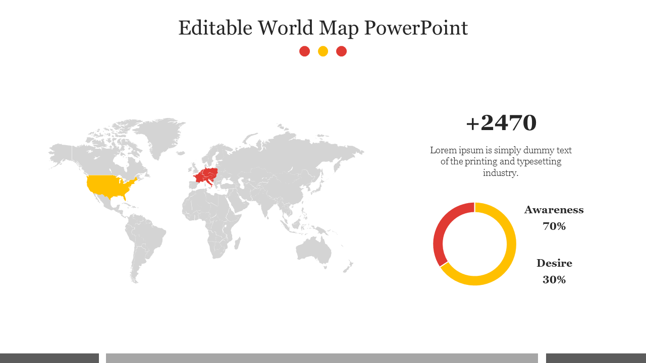 World map PowerPoint slide with highlighted countries USA, Germany, a number counter, and a pie chart on a white theme.