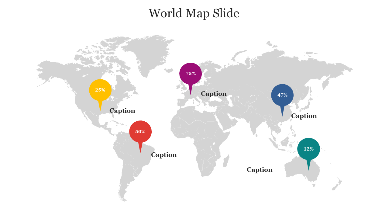 A gray world map with colored markers showing percentages in yellow, red, purple, teal, and blue at various locations.