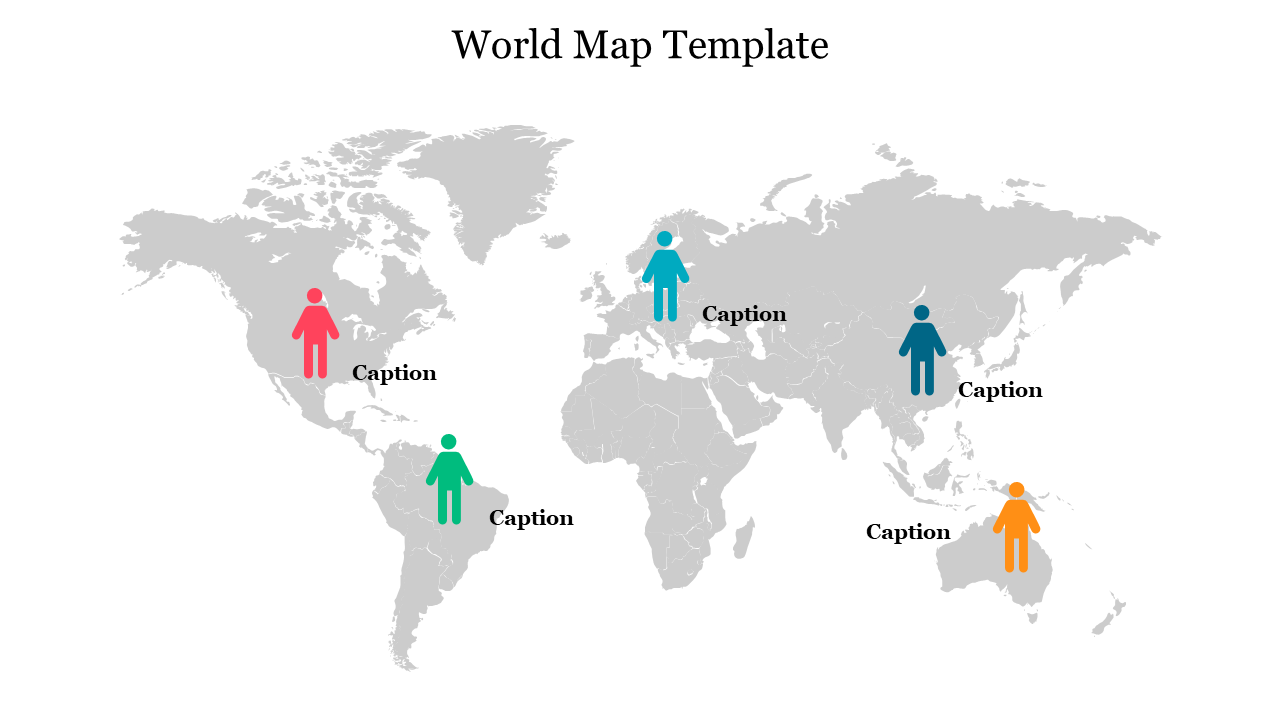 World map template with colorful human icons placed on different continents, each with a caption placeholder.