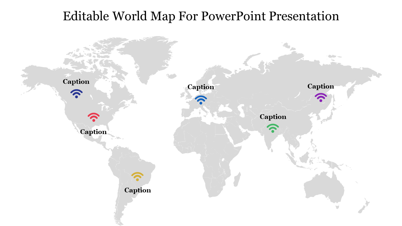 World map in gray with colored icons representing various locations, each marked with distinct Wi-Fi symbols.