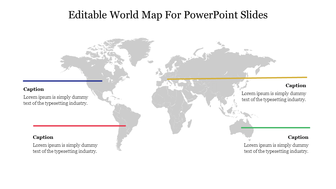 World map slide with caption areas linked by horizontal colored lines representing different regions.