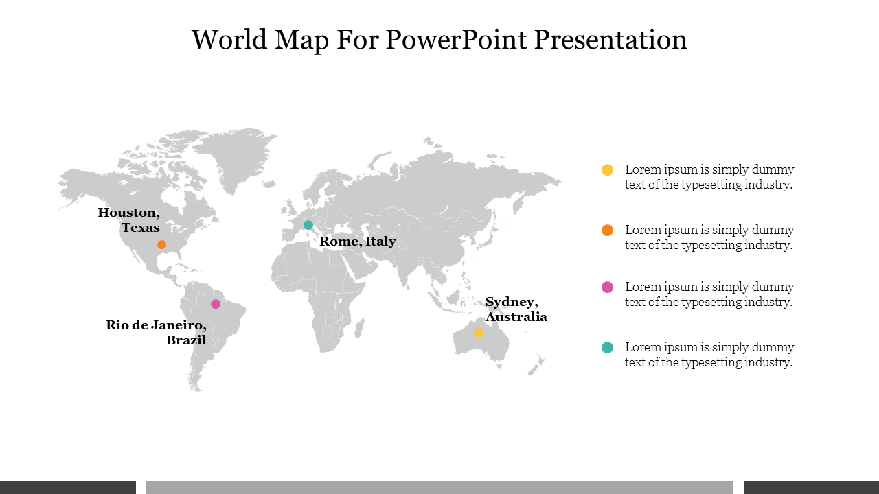 World map with four location markers in orange, green, pink, and yellow, displaying cities across continents.