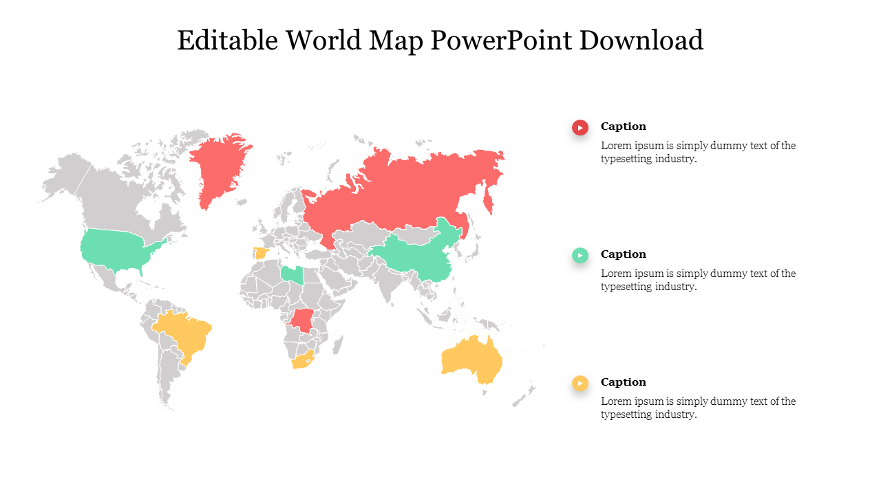 World map with countries highlighted in red, green, and yellow, with corresponding captions on the right.