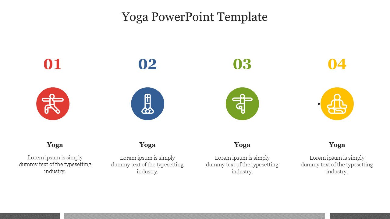 Four step yoga template with colored icons in red, blue, green, and yellow, numbered 01 to 04, and captions below.