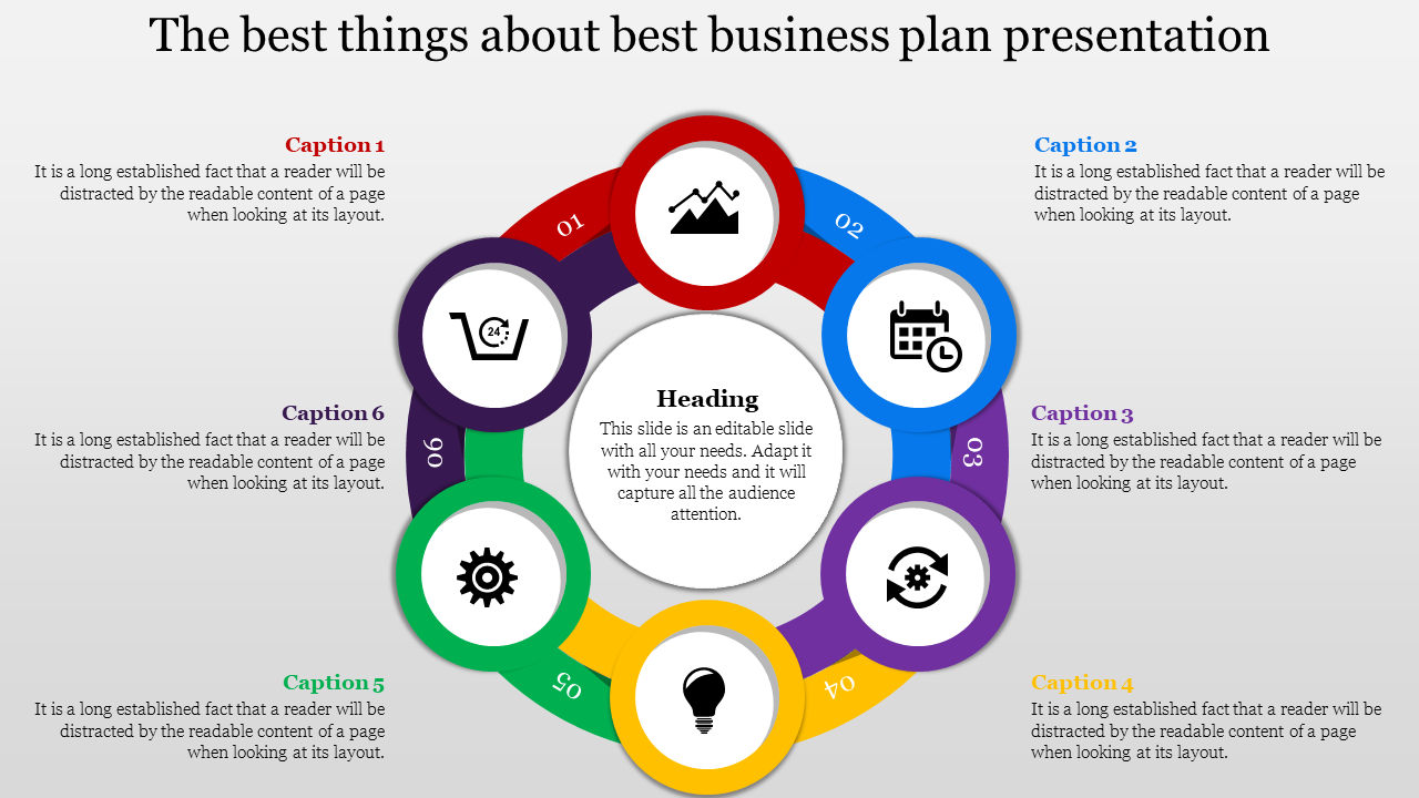 Business template with six segments forming a circular layout, each step containing a relevant icon and captions.