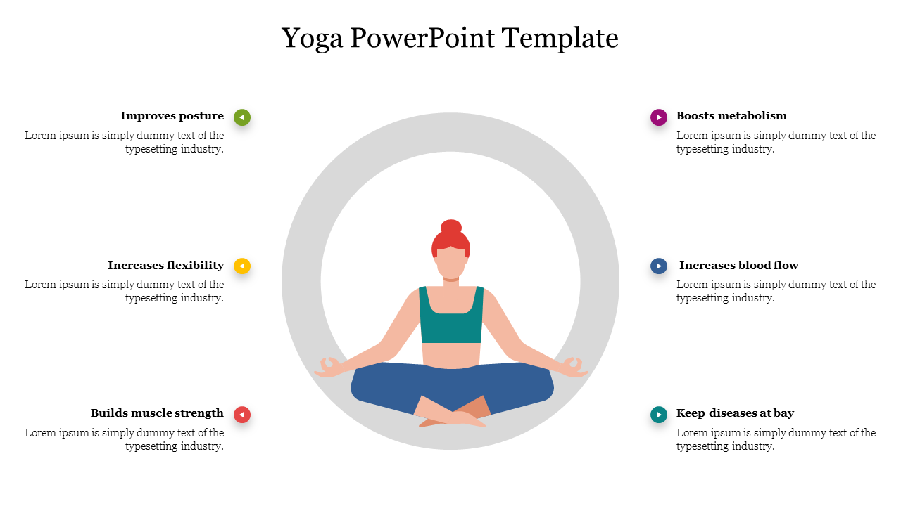 A Yoga PowerPoint slide with a central image of a person practicing yoga, surrounded by benefits with placeholder text.