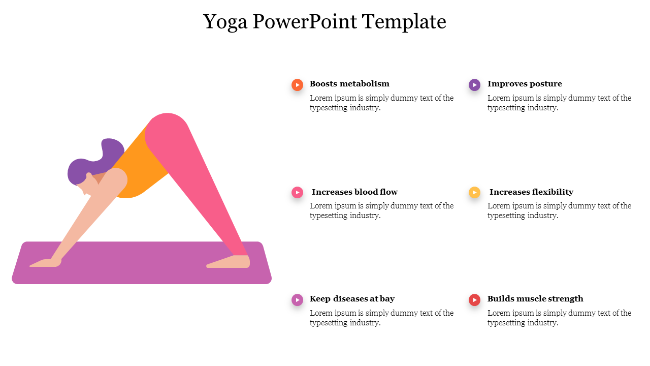 Yoga PowerPoint slide featuring a colorful illustration of a person in a downward dog pose with the benefits of yoga listed.