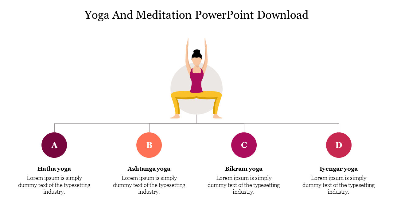 Woman performing yoga in a seated position with four colorful circular icons in red tones, labeled A to D with text below.