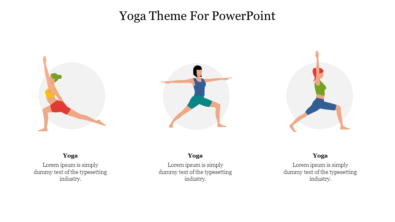 Yoga themed slide with three diverse illustrated figures performing different poses, each in a gray circle.