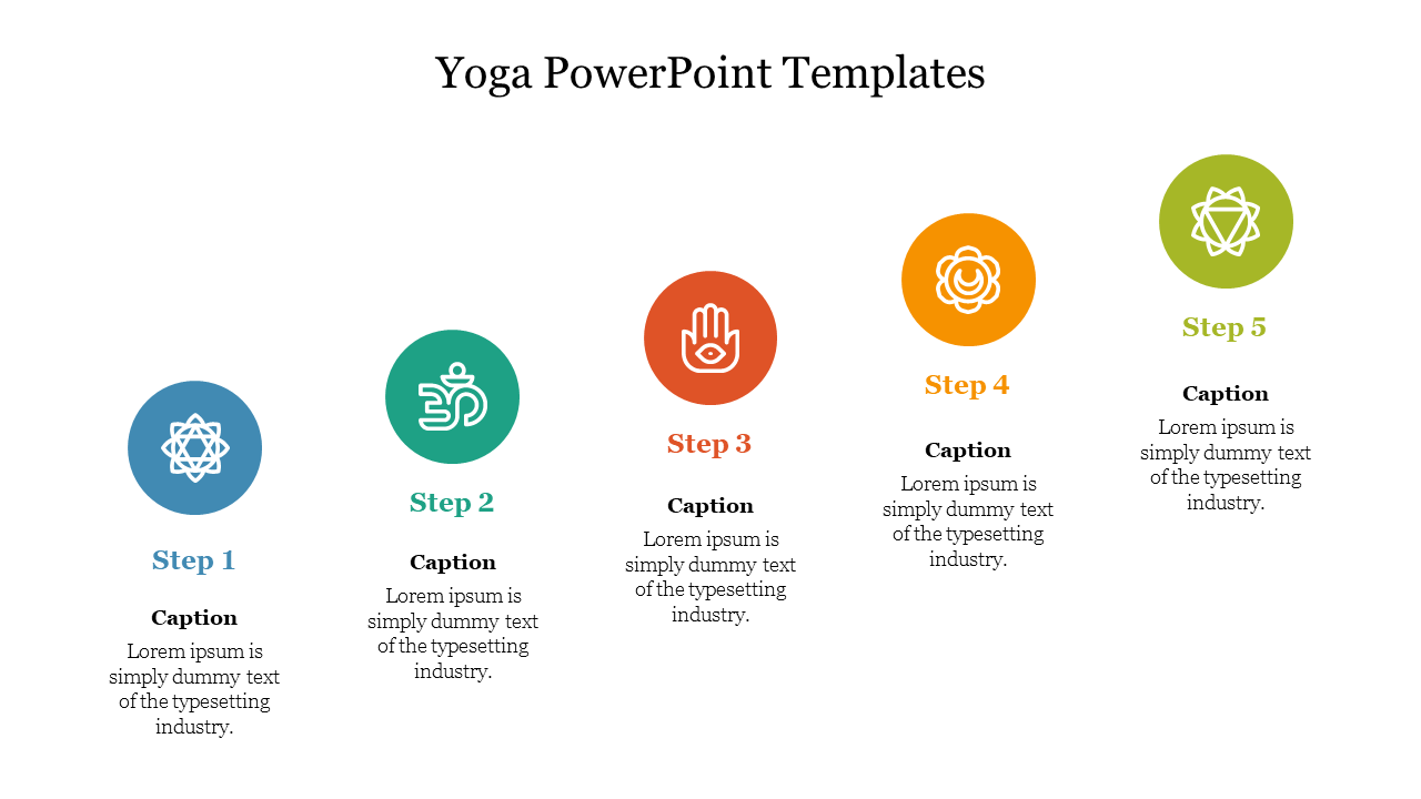 Step-by-step yoga template featuring blue, green, orange, yellow, and lime green circular icons with captions areas.