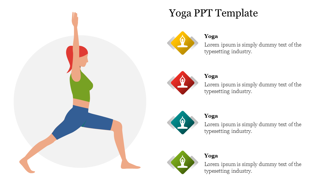 Illustration of a woman in a yoga pose on the left, with four colored icons and text blocks on the right side.