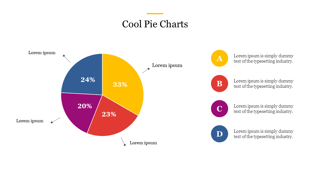 Circular pie chart with four sections in yellow, red, purple, and blue, showing percentages and placeholder text.