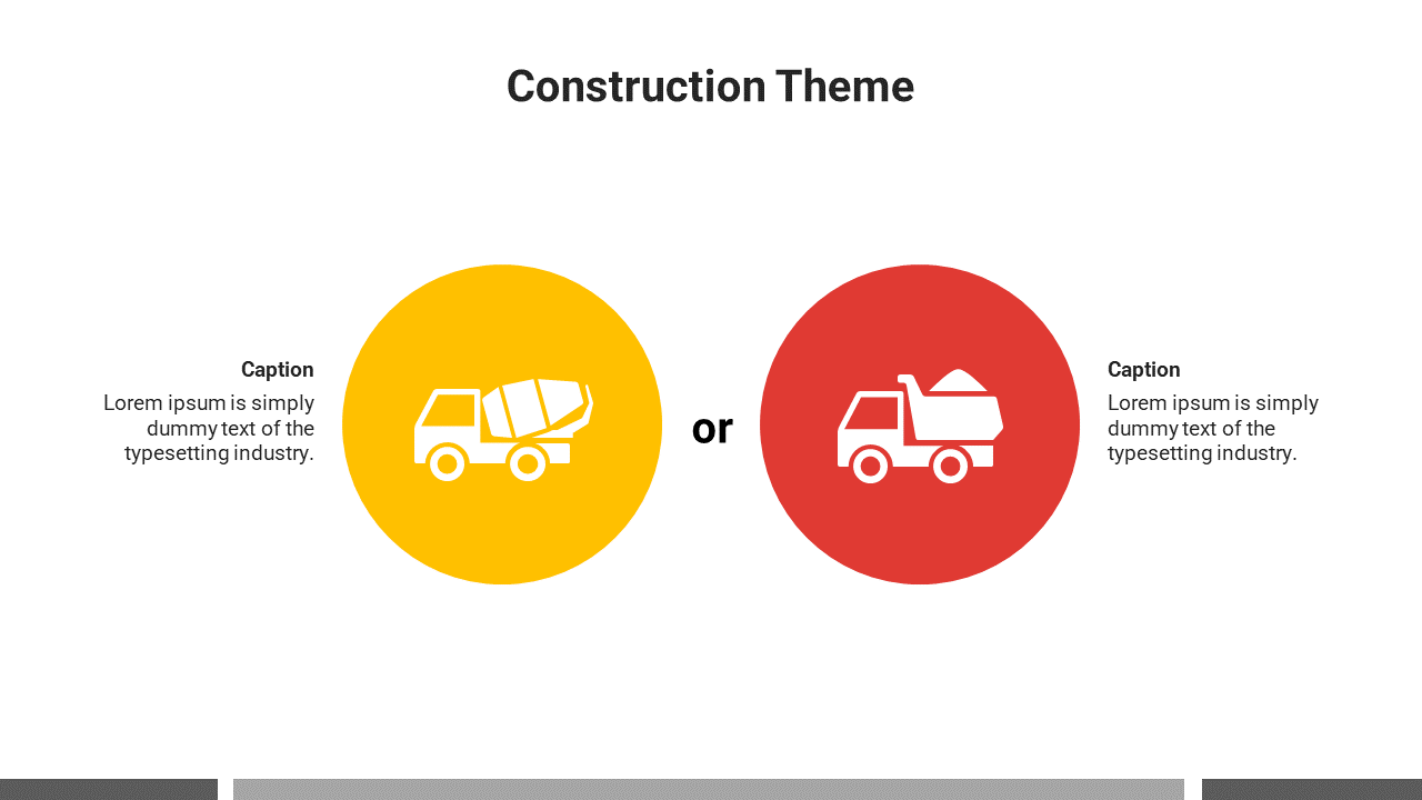 Two circular icons in yellow and red with construction vehicles, labeled with captions, on a white background.