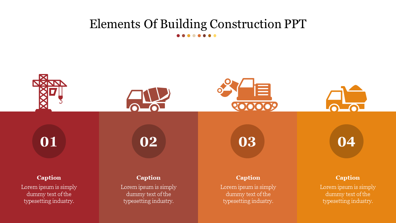 Slide illustrating various elements of building construction showcasing icons of construction machinery and equipment.