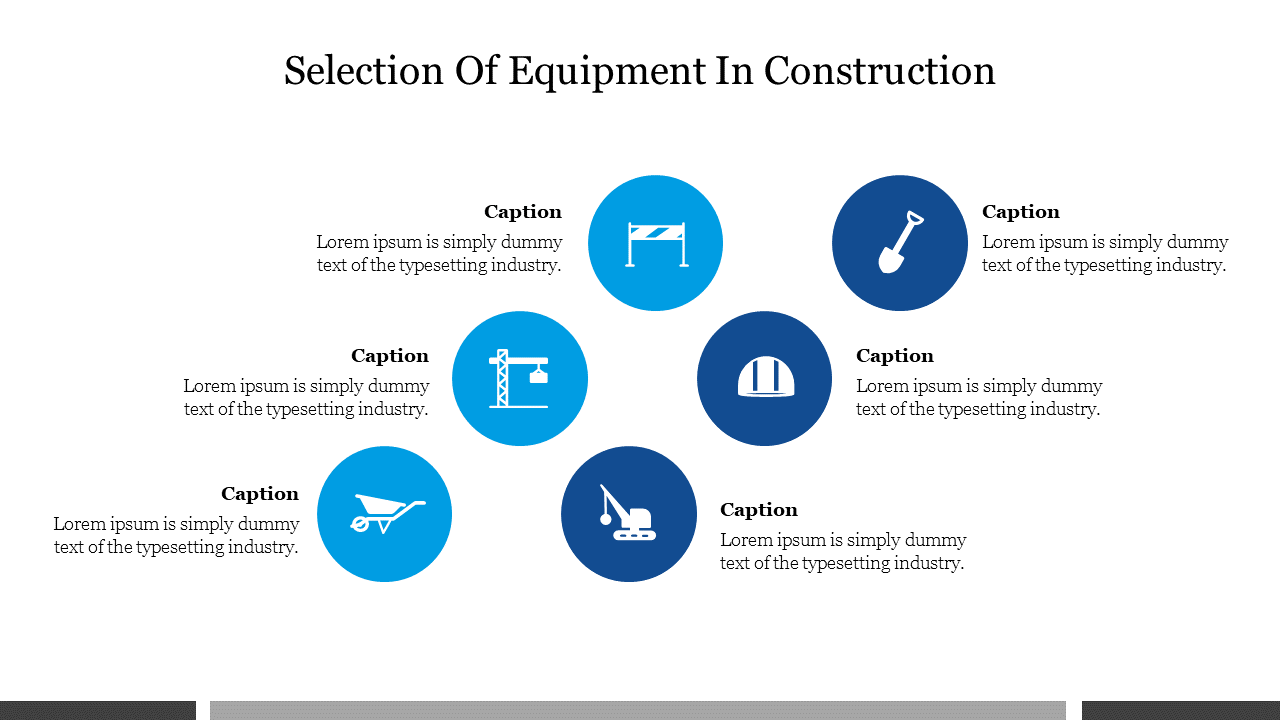 Six circular construction icons in various shades of blue, with captions placed around it in a neat layout.