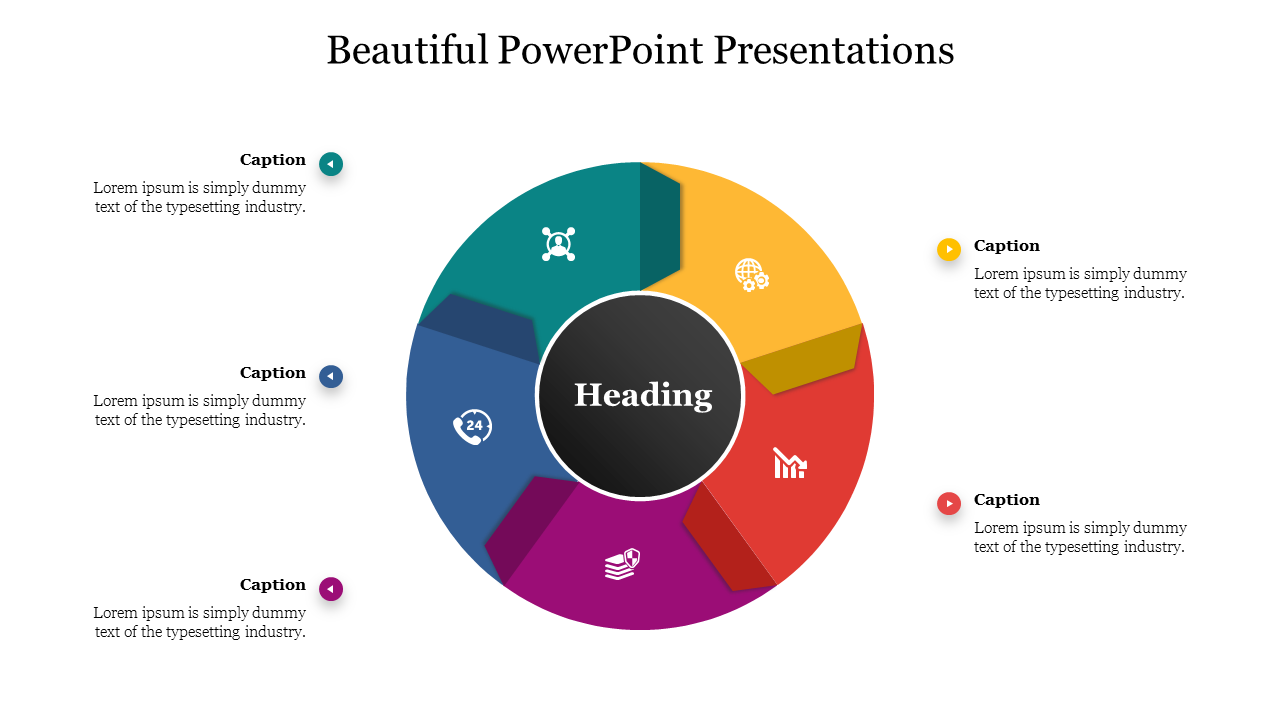 PowerPoint template featuring a colorful circular infographic with sections labeled and colorful icons on a white theme.