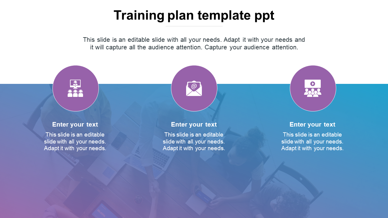 Training plan slide with three icons for group sessions, email, and video modules, with text areas.