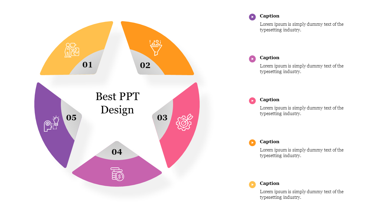 Circular infographic with five colorful sections in yellow, orange, pink, purple, and violet, each with icons and text.