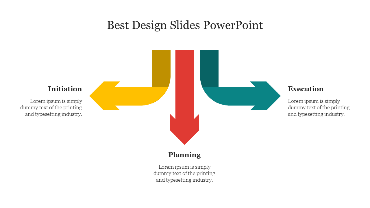 PowerPoint slide with colorful arrows pointing in three directions Initiation, Planning, and Execution with placeholder text.