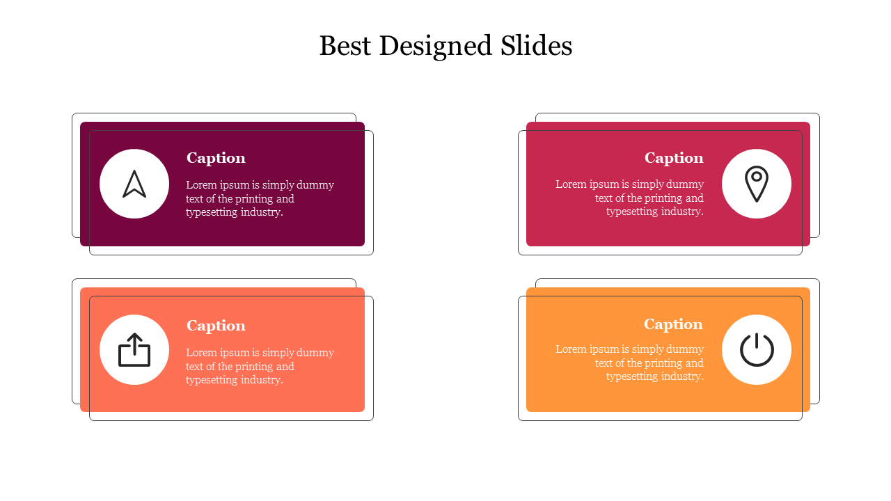 Slide with four colorful rectangular boxes in purple, red, orange, and yellow, arranged in two rows, featuring icons.