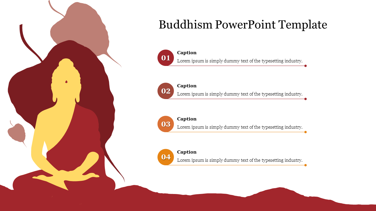 Buddhism PowerPoint slide with a silhouette of a meditating figure and four caption placeholders on the right.