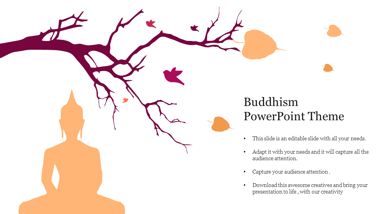 Buddhism theme slide featuring a silhouette of a meditating Buddha under a tree with falling leaves with a text caption.