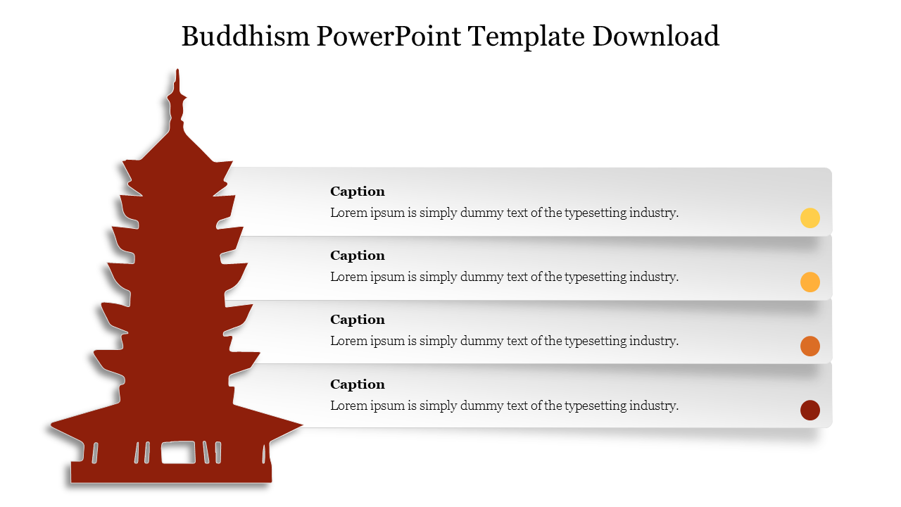 Buddhism themed slide with a red pagoda silhouette on the left and four horizontal captions with gradient dots on the right.