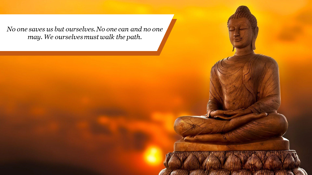 Buddha statue in meditation, with a glowing sunset in the background and a motivational quote displayed in a white box.