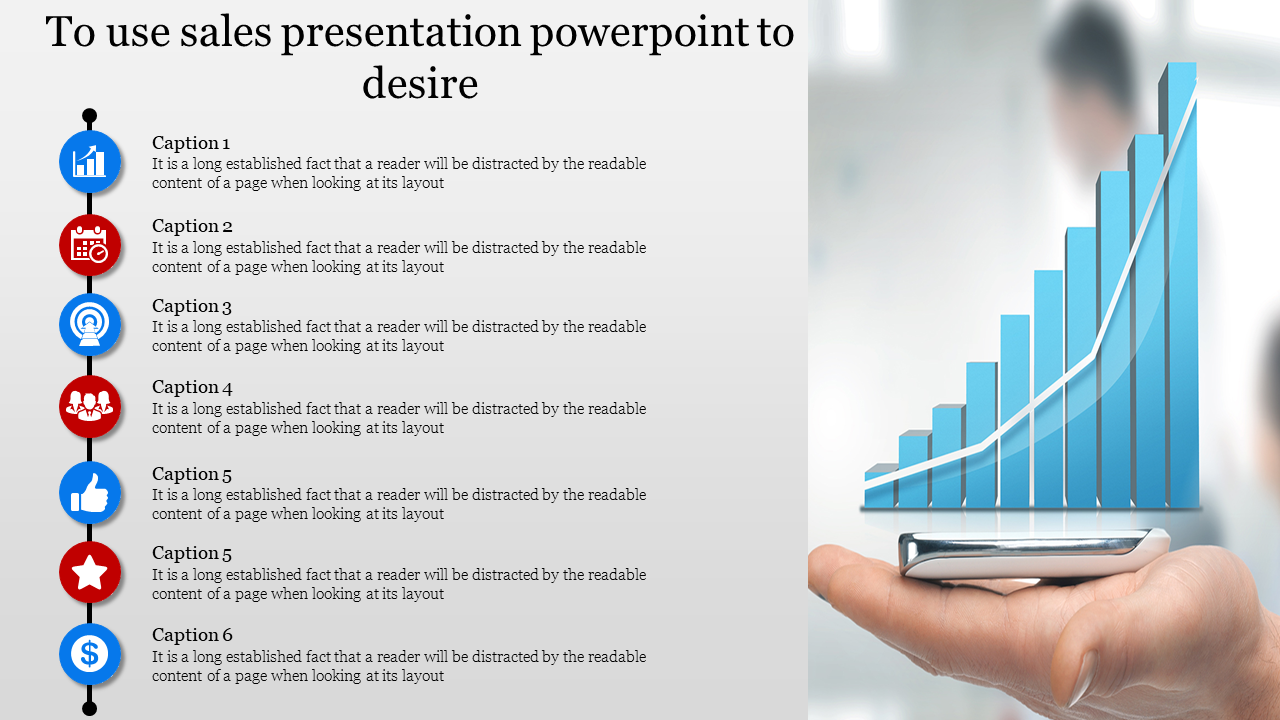 Slide showing a list of six captions with red and blue circular icons, and a 3D rising bar chart held by a hand.