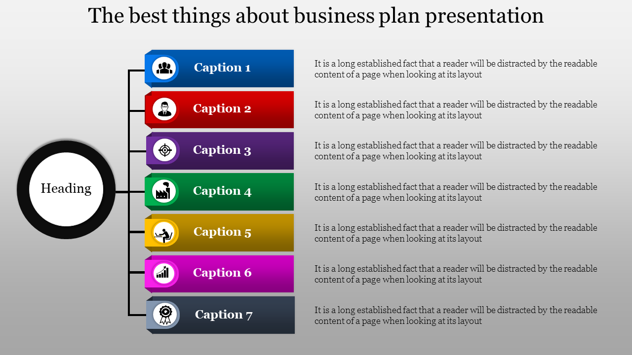 PowerPoint slide with a list of seven steps for a business plan presentation, each with its icon and captions.