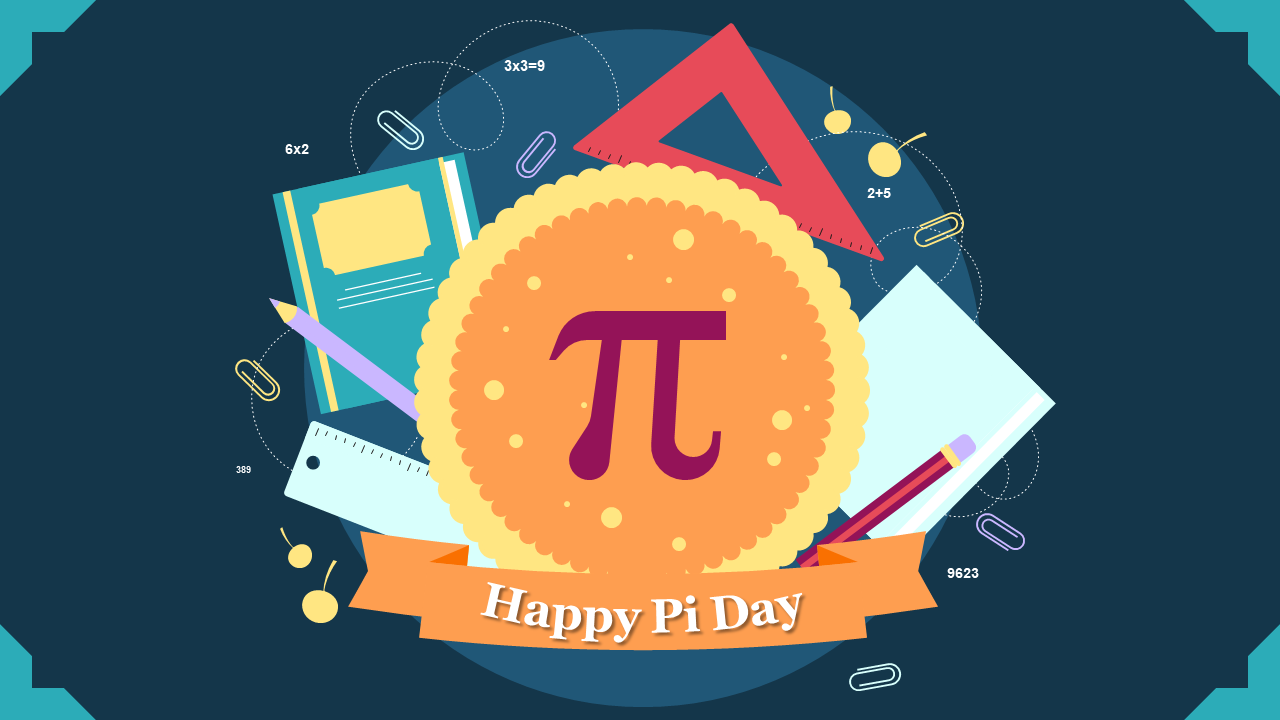 Pi day themed slide with a pi symbol at the center, surrounded by stationery and geometric tools on a dark background.