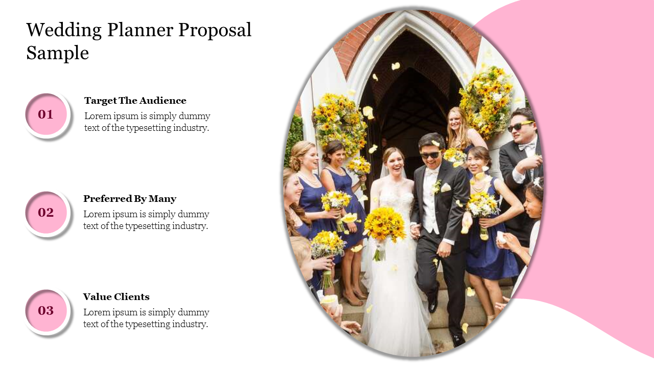 Wedding planner proposal sample slide featuring a photo of a wedding party with three sections on a pink and white theme.